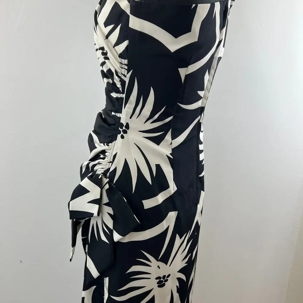 VINTAGE Black White Floral One Shoulder Knee Length Bodycon Bow Dress 2 4 VTG - Picture 4 of 7